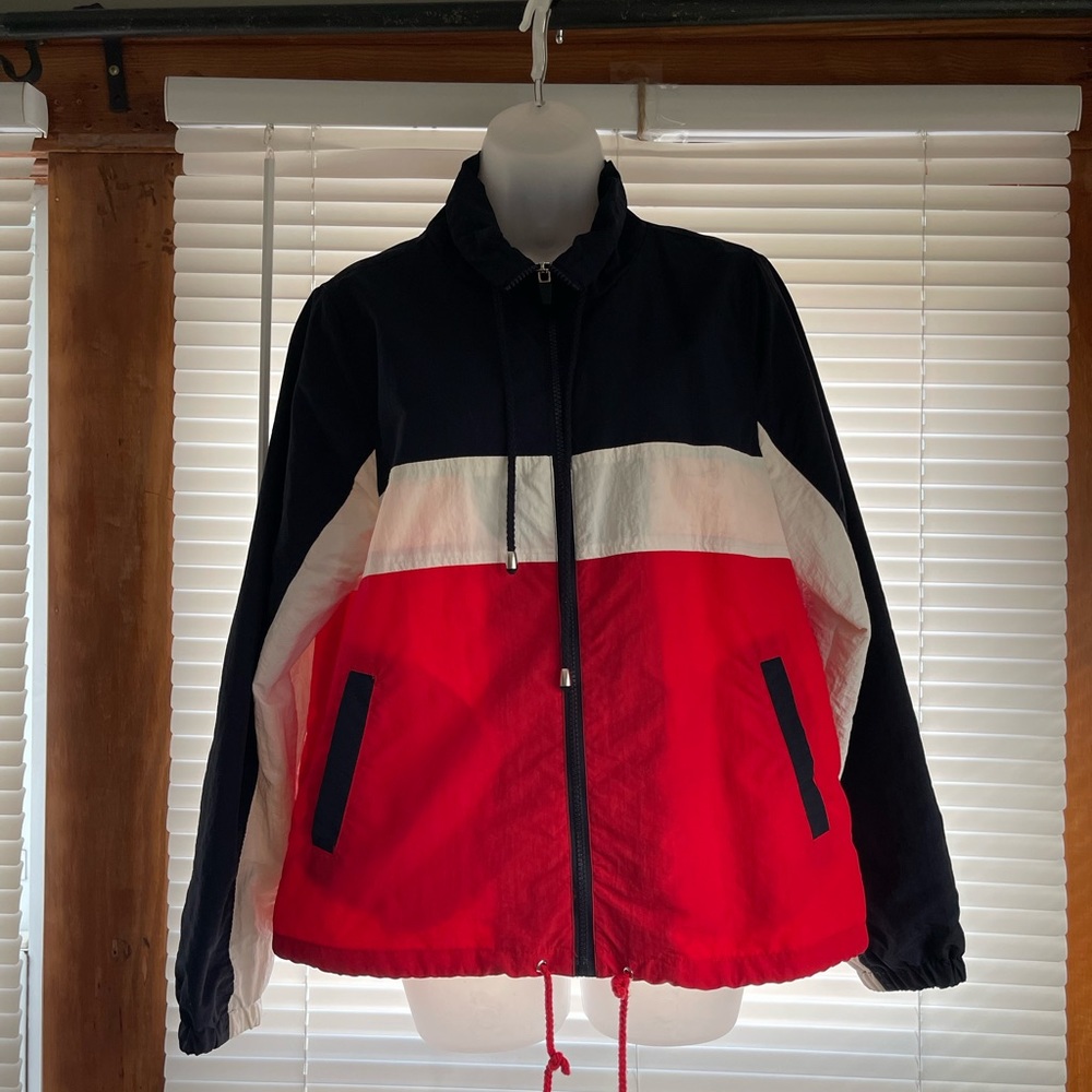 Red white and blue rain jacket